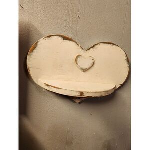 Vintage White Washed Rustic‎ Wood Heart Shelf With Key Hook. 14" Tall, 8" Wide